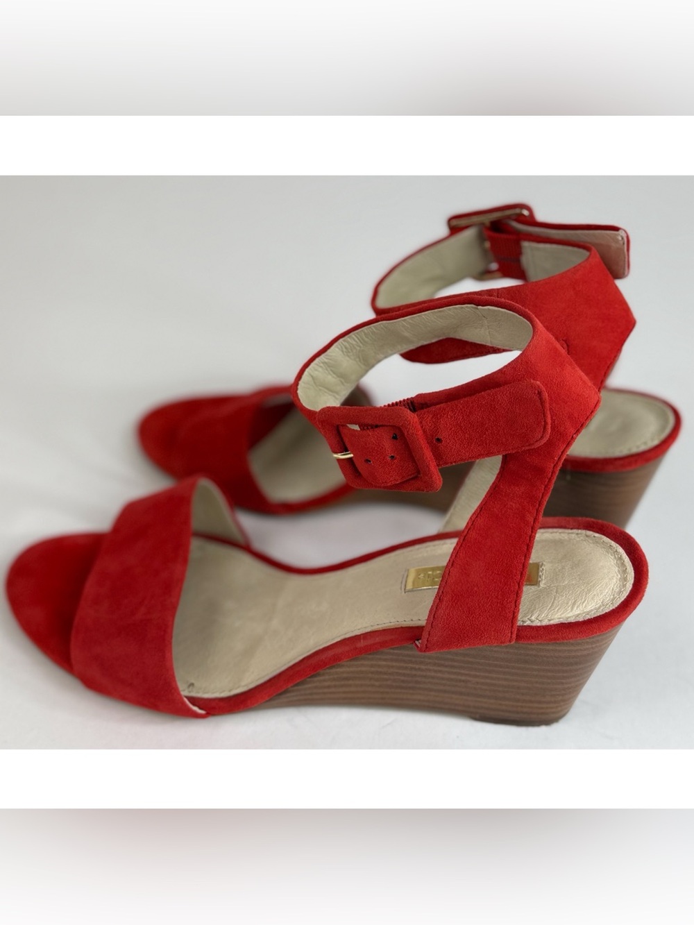 Louise et Cie Punya Red Suede Ankle-Strap Wedge Heel Sandals, size 8